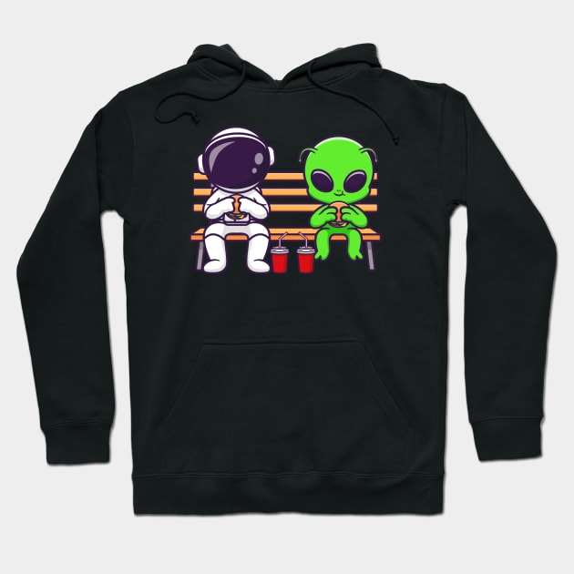 Cute Astronaut And Alien Eating Fastfood On Bench Park Cartoon Hoodie by Catalyst Labs